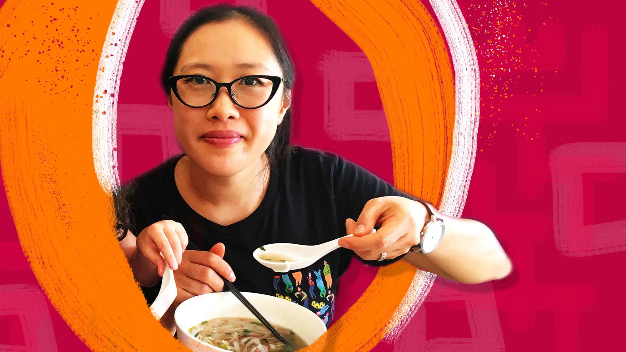 A woman eating a bowl of Chinese noodle soup with a pink and orange pattern around her for story on not eating cultural food