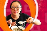 A woman eating a bowl of Chinese noodle soup with a pink and orange pattern around her for story on not eating cultural food