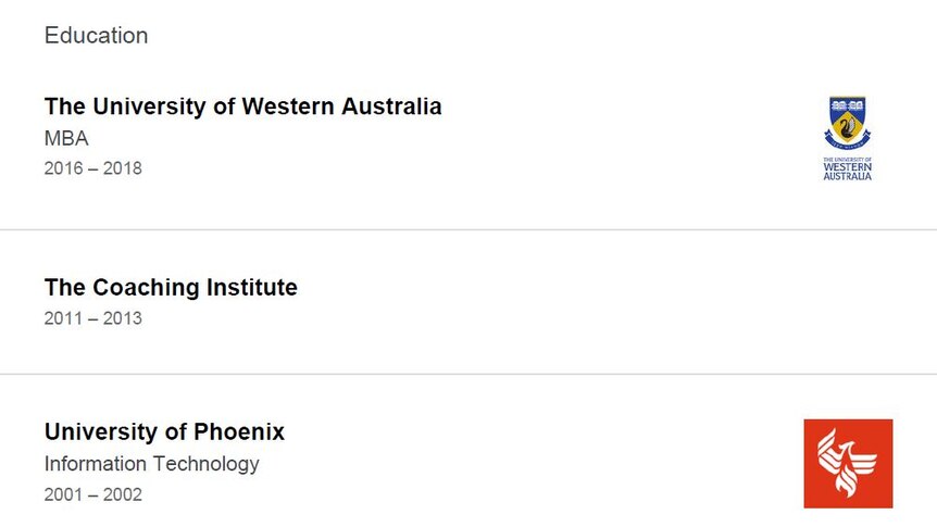 The profile lists an MBA from UWA from 2016-2018.