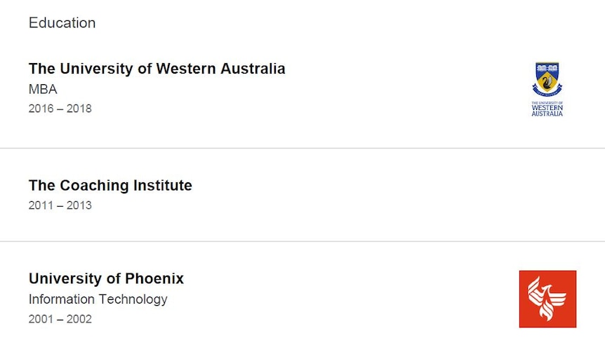 The profile lists an MBA from UWA from 2016-2018.
