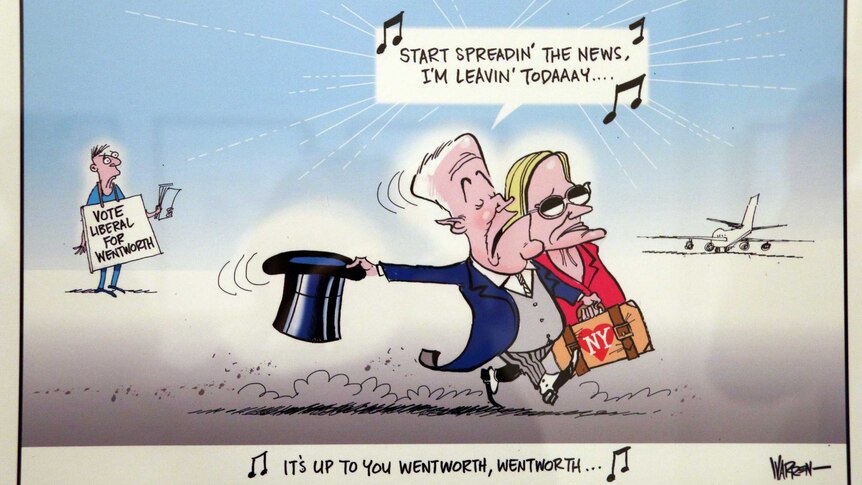 Cartoon of Malcolm Turnbull and his wife Lucy with a bag backed and heading for a plane. Turnbull is singing.