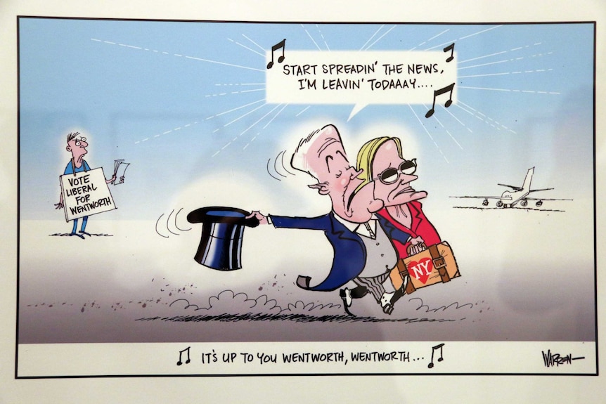 Cartoon of Malcolm Turnbull and his wife Lucy with a bag backed and heading for a plane. Turnbull is singing.