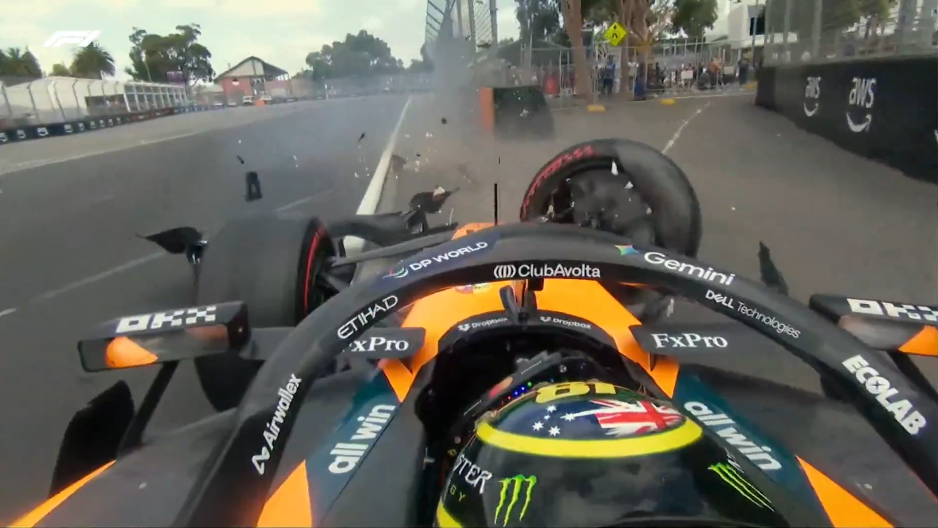 A screengrab of Oscar Piastri's onboard camera after he crashes at the Australian Grand Prix.
