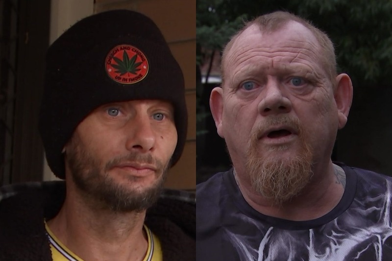 A man wearing a cannabis beanie and a man with a goatie