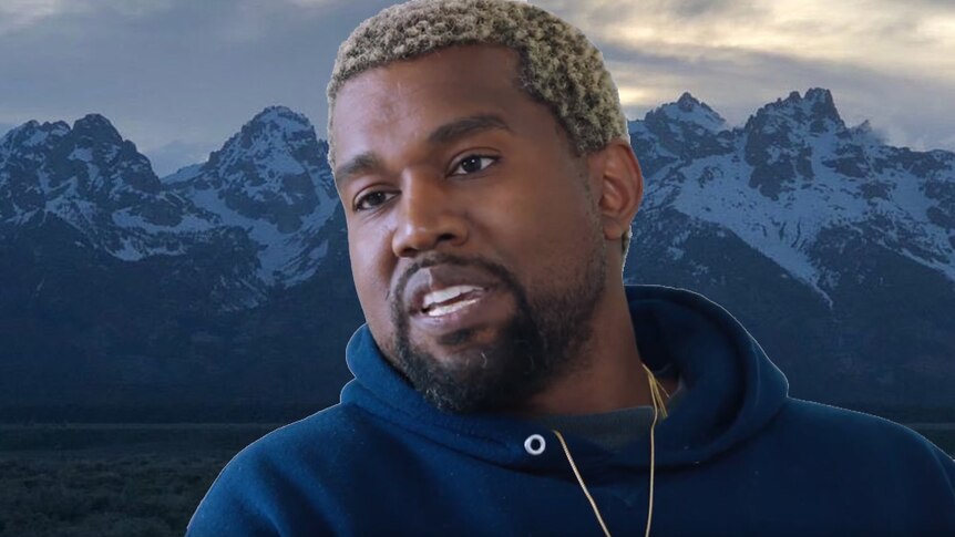 An image of Kanye West over the background of ye's artwork