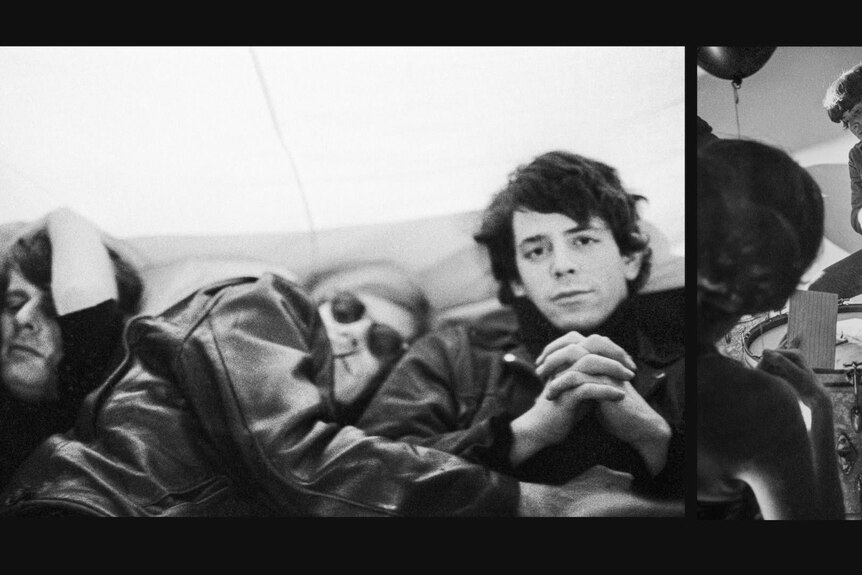 A split-screen black and white image of Paul Morrissey, Andy Warhol and Lou Reed on a lounge; and Moe Tucker drumming