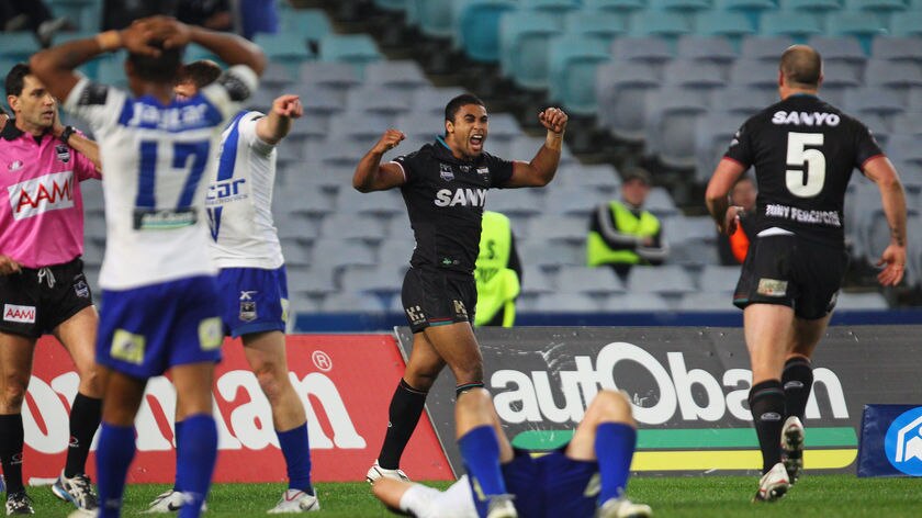 Lightning footwork ... Michael Jennings streaked away at the siren to put Penrith ahead for a final time.