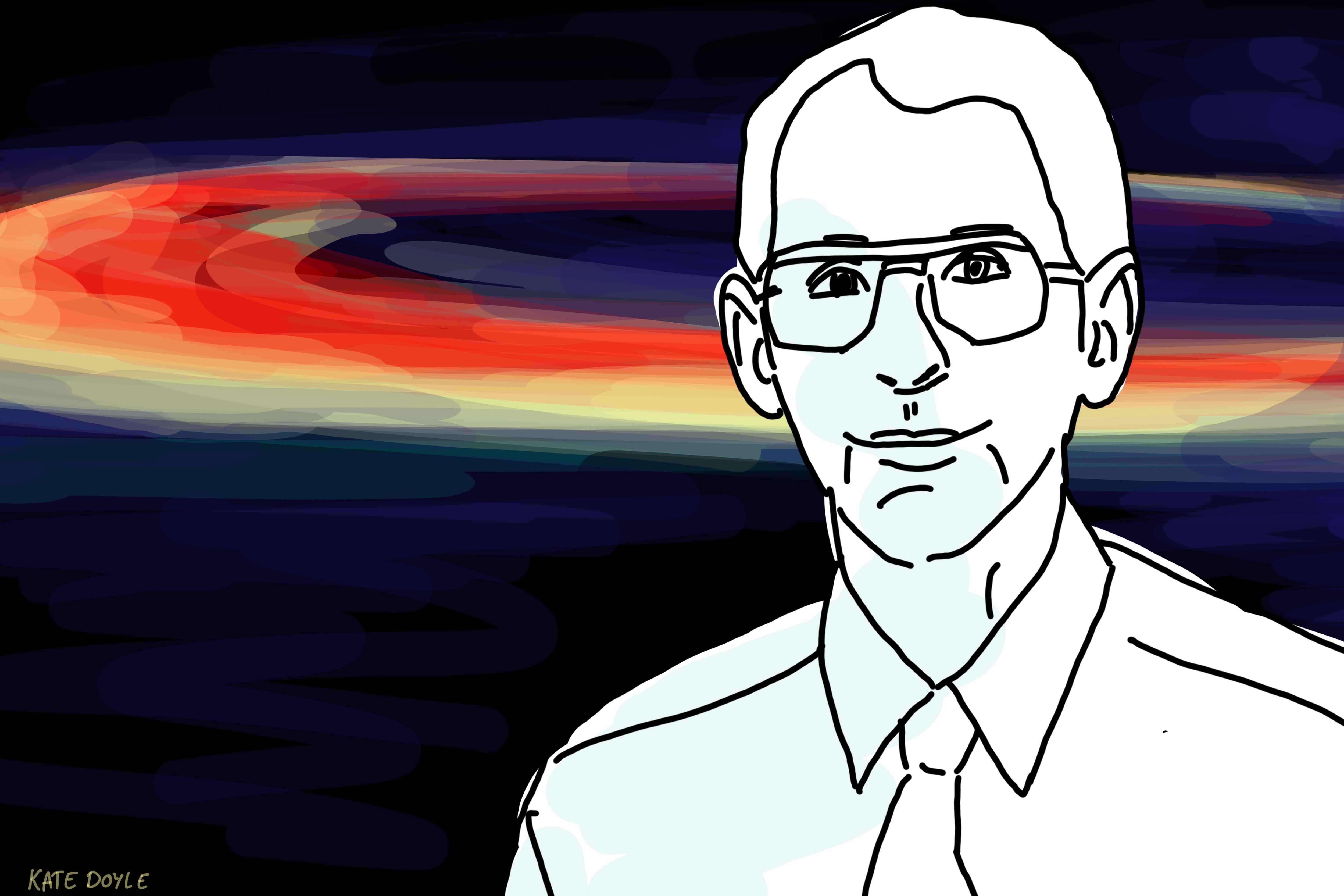 A line drawing of a bespectacled man in front of a dark background streaked with bands of colour.