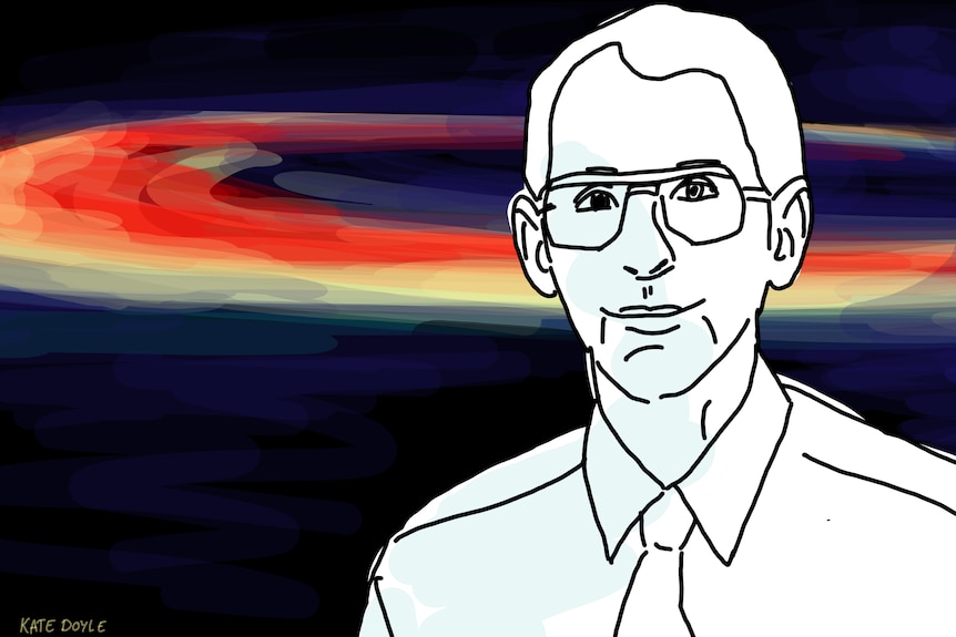 A line drawing of a bespectacled man in front of a dark background streaked with bands of colour.