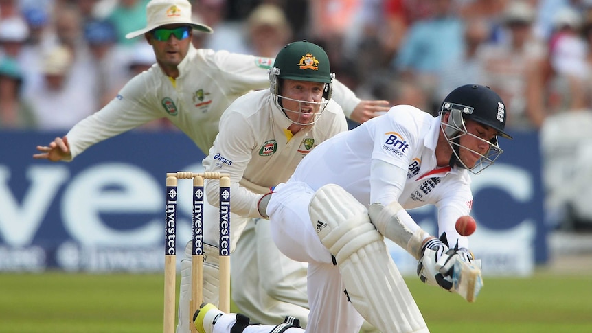 Stuart Broad looks to paddle Agar on day three of first Ashes Test