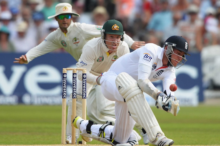 Stuart Broad looks to paddle Agar on day three of first Ashes Test