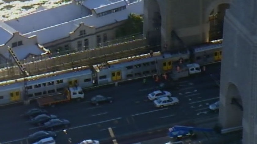 Powerlines have fallen on a train on the Sydney Harbour Bridge in heavy winds.