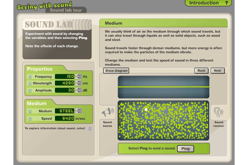 A screenshot of a science game. Control sound properties on the left and see how it affects the sound waves on the right.