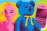 Colourful illustration of a blue teddy bear, a barbie with blonde hair and a pink blackberry phone