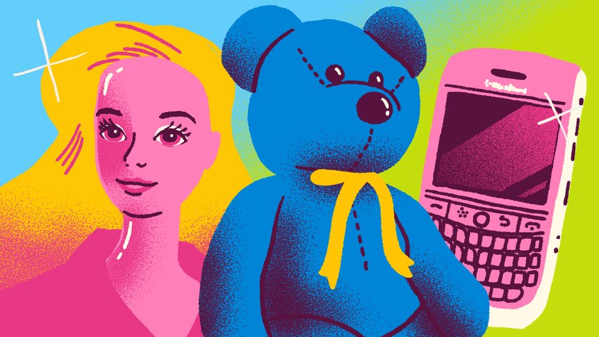 Colourful illustration of a blue teddy bear, a barbie with blonde hair and a pink blackberry phone