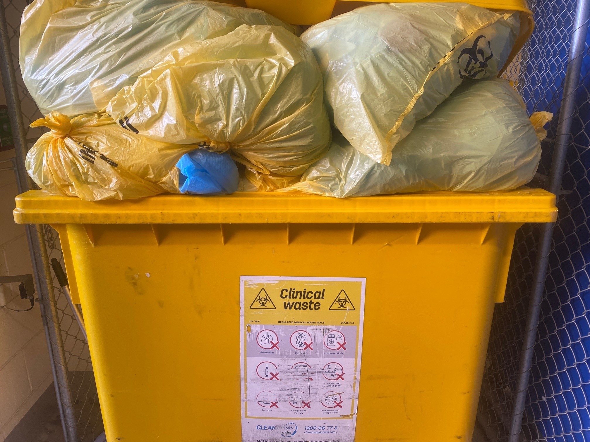 A clinical waste bin in the basement of Sunshine Hospital in Melbourne.