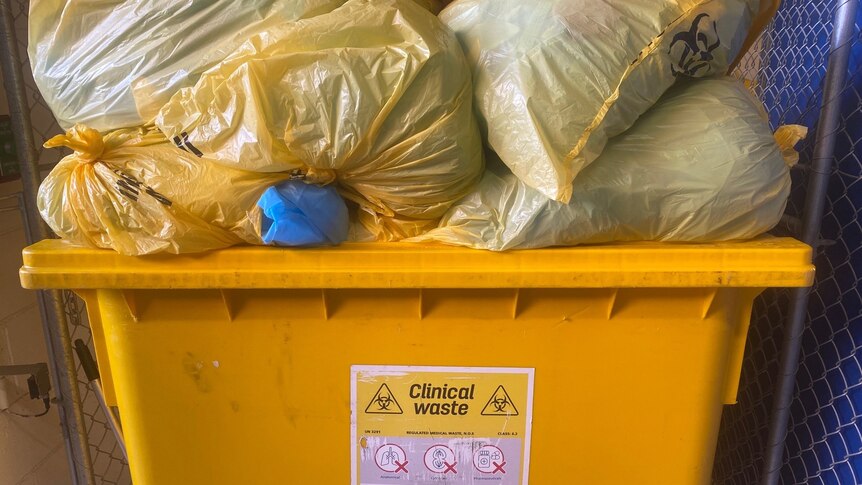 A clinical waste bin in the basement of Sunshine Hospital in Melbourne.