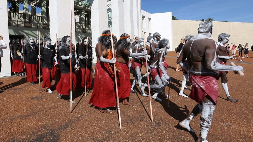 Rirratjingu clan dancers in Canberra for a national No More anti-domestic violence campaign.