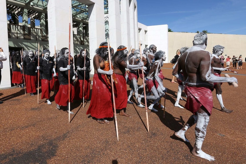 Rirratjingu clan dancers in Canberra for a national No More anti-domestic violence campaign.