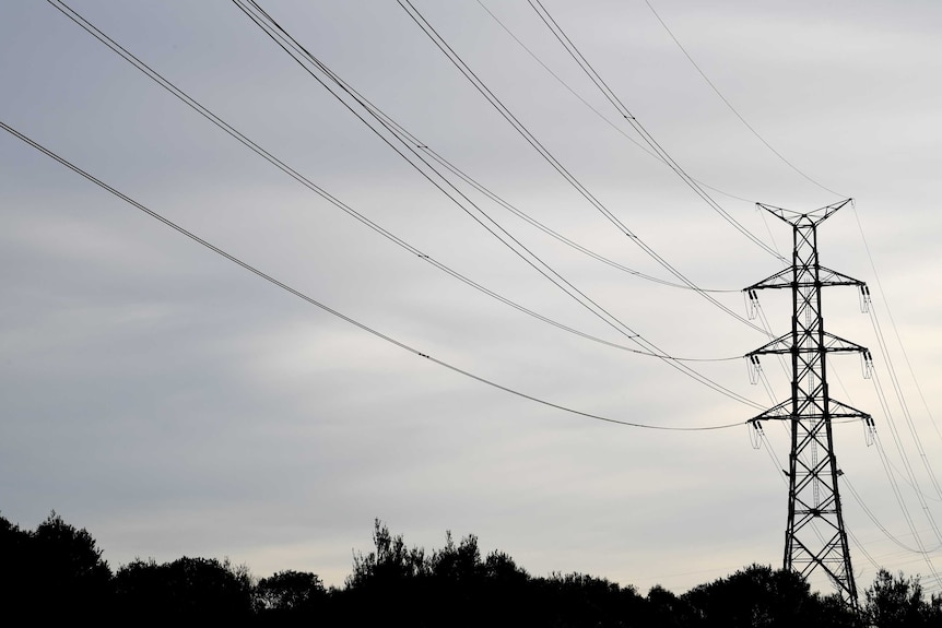 A power pole with several power lines running through it, with a grey sky in the background.