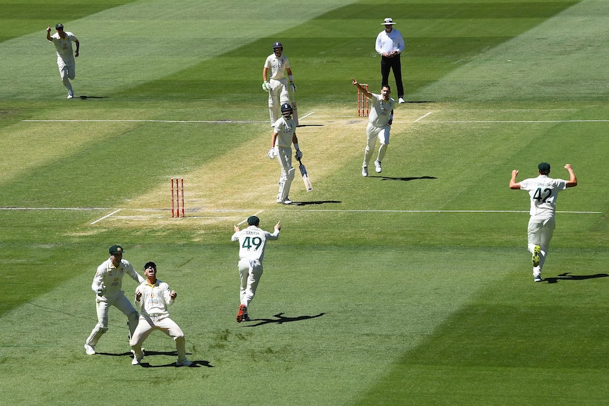 Australian players run off to celebrate as Joe Root turns and heads for the sheds