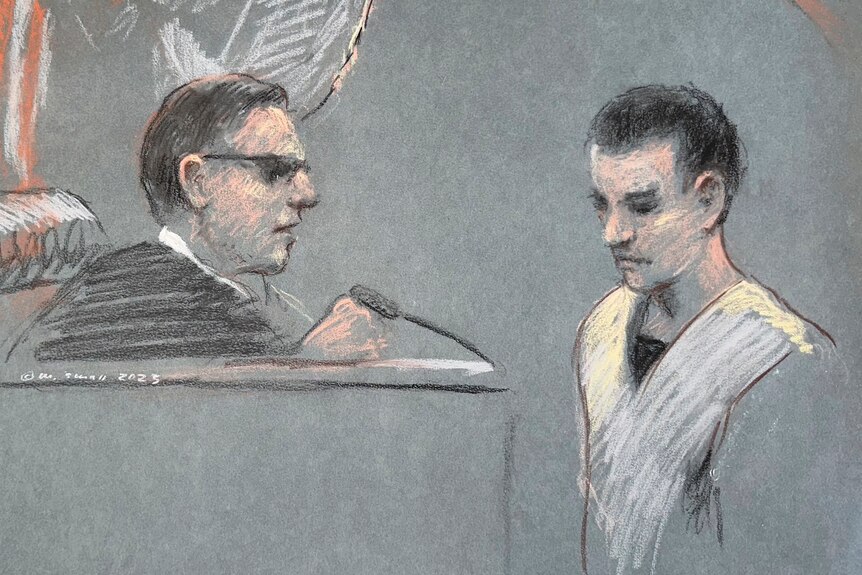 A court sketch illustration shows a middle-aged white male judge questioning a young white man with short hair.