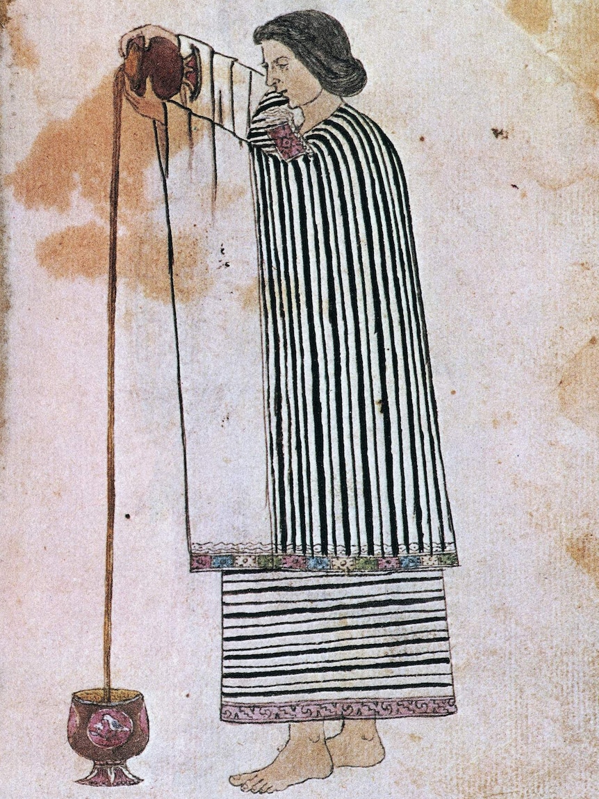 Painting of an Aztec woman from Central America preparing chocolate