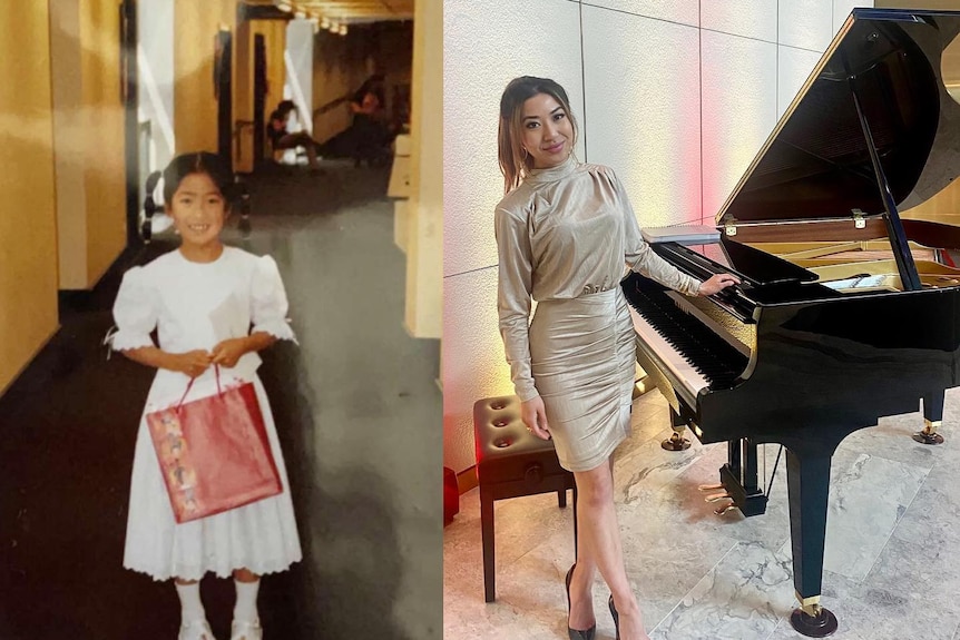 A composite image of a primary school aged child standing in a hallway and a young woman standing next to a grand piano.