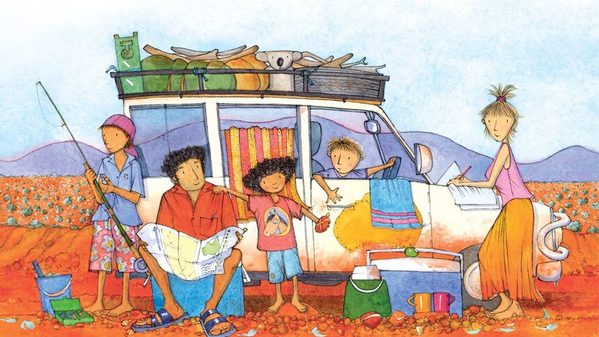An illustration of a 4 wheel drive packed full of camping gear. A mum, dad and three children are standing in front of it.