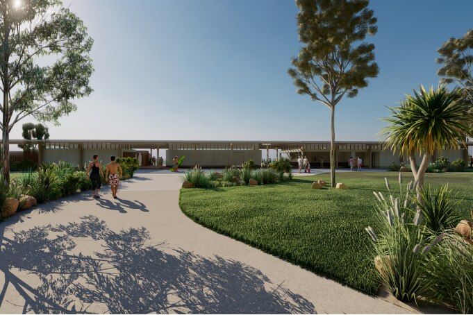 A digital rendition of a walkway and grassy area leading to a pavilion. 
