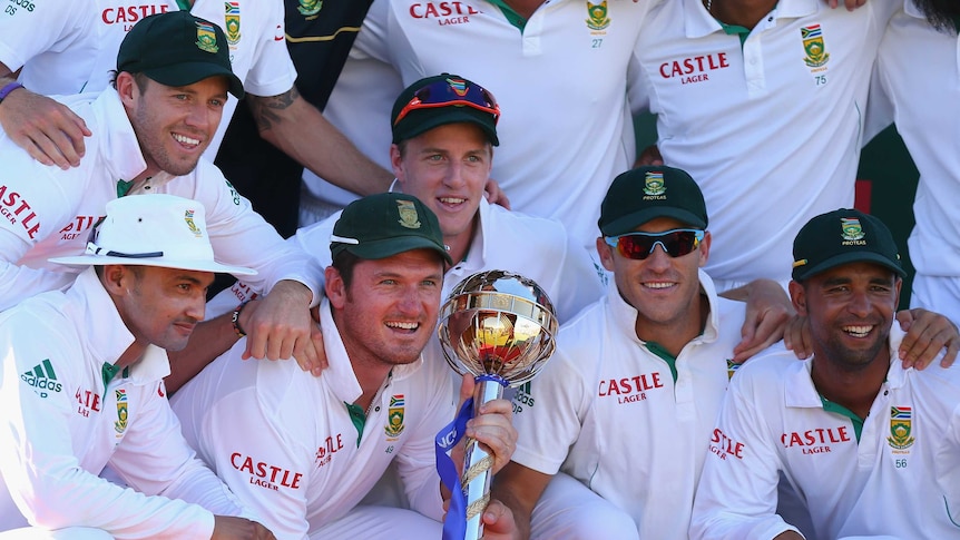 World's best ... Graeme Smith and his Proteas team-mates celebrate with the ICC Test Championship mace.