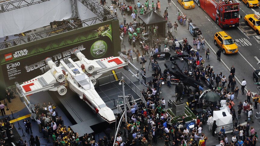 The world's largest Lego modelled after the Star Wars X-wing starfighter is seen in New York's Times Square.