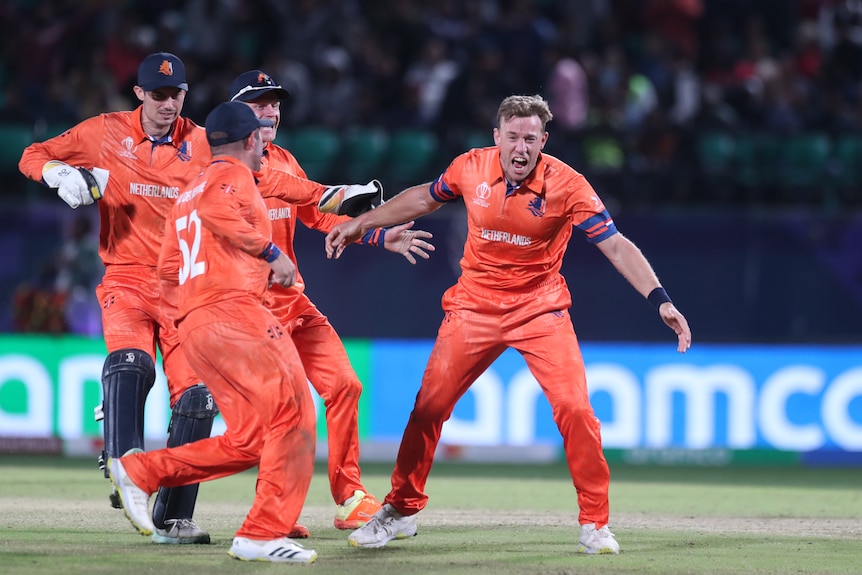 A group of Dutch cricketers run towards a teammate who is shouting in celebration with arms wide after a wicket. 