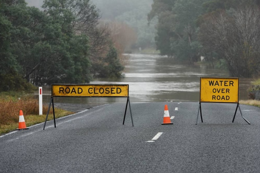 Flood warning signs in northern Tasmania