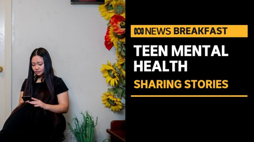 Teen Mental Health, Sharing Stories: Teenage woman sits on a chair looking at phone with tall vase of sunflowers on the right.