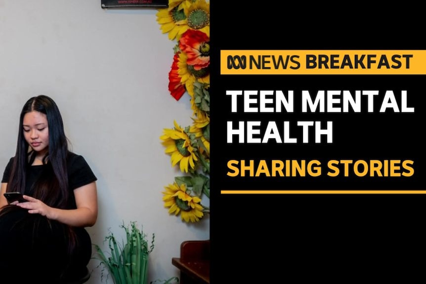 Teen Mental Health, Sharing Stories: Teenage woman sits on a chair looking at phone with tall vase of sunflowers on the right.