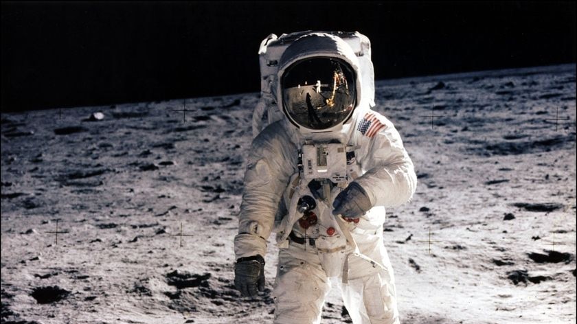 US astronaut Edwin E 'Buzz' Aldrin Jr, lunar module pilot, walks on the surface of the moon