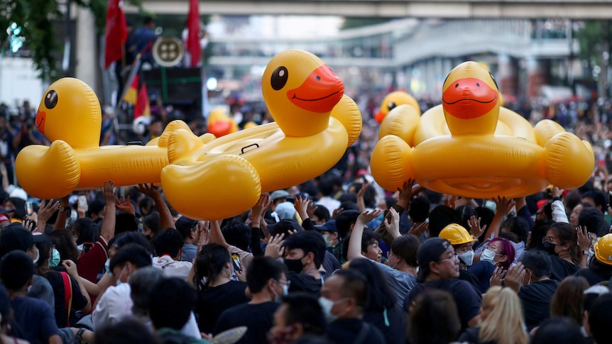 waar dan ook lijden Perfect Why Thai students use rubber ducks, dinosaurs and three-finger salutes as  protest symbols - ABC News