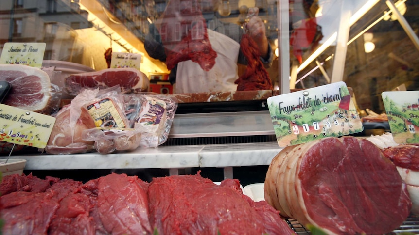 French butcher prepares horse meat