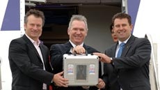 Steve Waugh, Allan Border and Mark Taylor with the Ashes urn at Sydney airport