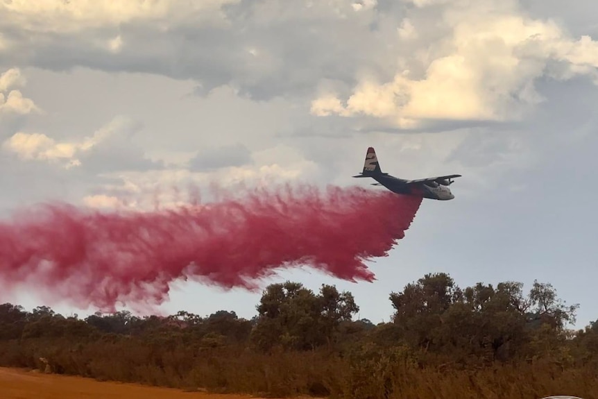 A plane drops red fire retardant on a fireground in Bindoon.