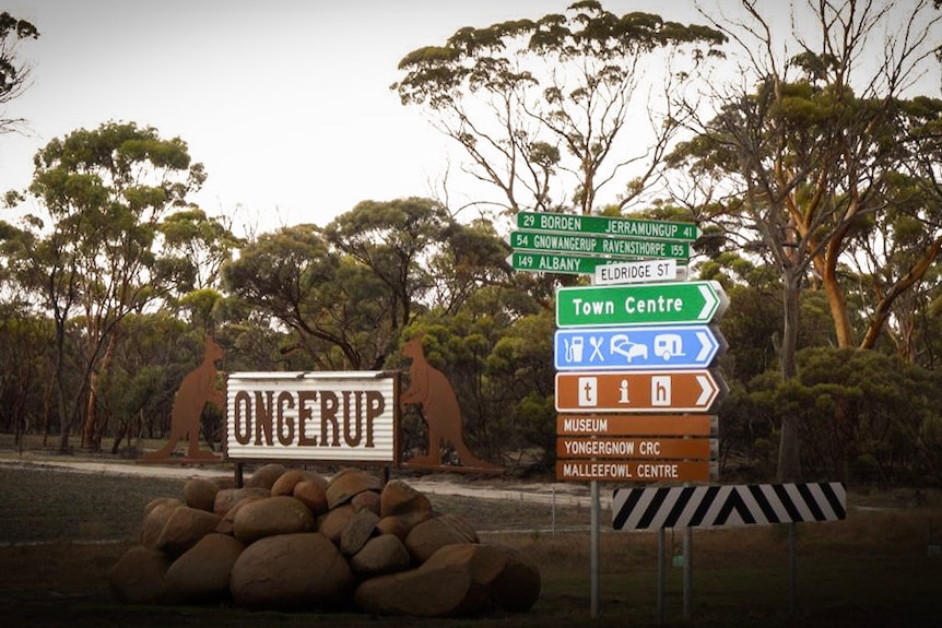 Ongerup's cream and brown town sign on a road surrounded by bush.