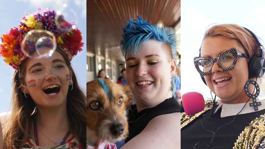 woman with bubbles, woman with dog that has a matching blue mohawk, woman on pink mic