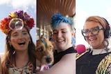 woman with bubbles, woman with dog that has a matching blue mohawk, woman on pink mic