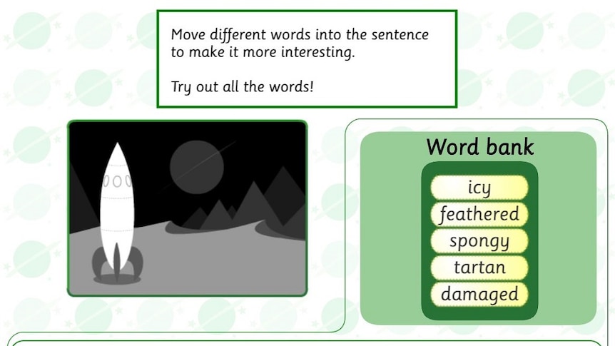 Screenshot of Wonderful Words: Creative stories: space game, image of rocket and text on screen: "word bank"