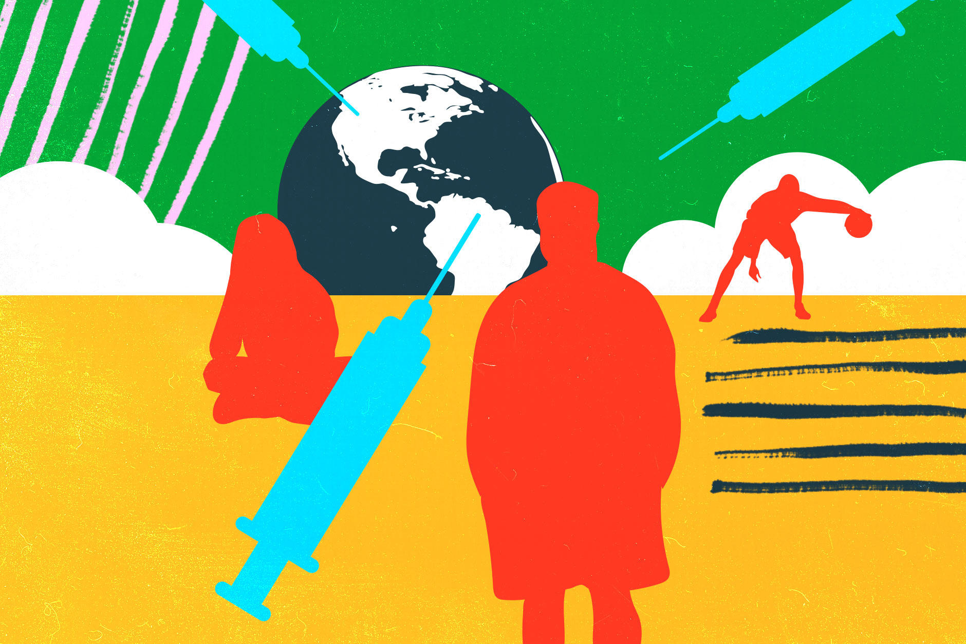 An illustrated collage with cutouts of children next to a vaccine needle and a globe.