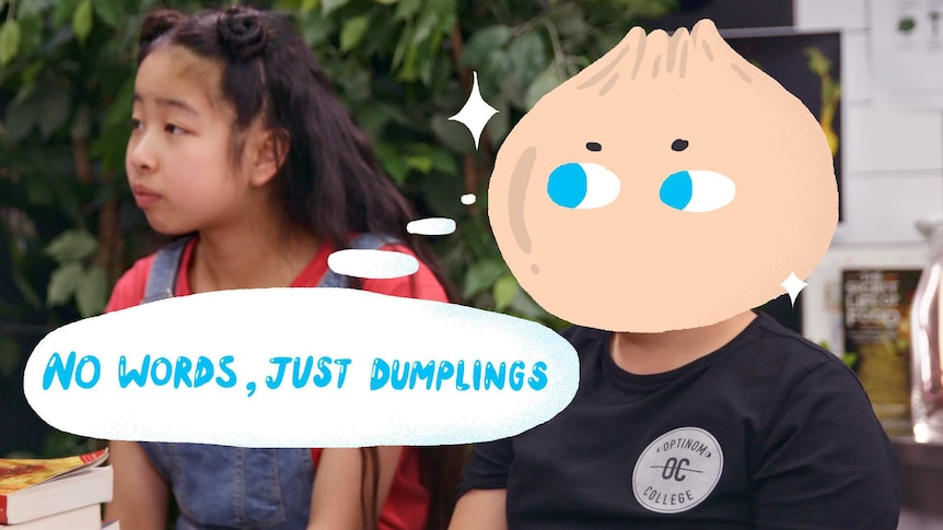 Teenage boy sits beside girl, boy has cartoon dumpling as a head, thought bubble reads "No words, just dumplings."