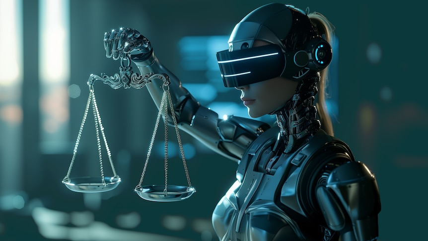 A sci-fi version of Lady justice looking like a cyborg while holding the scales of justice.