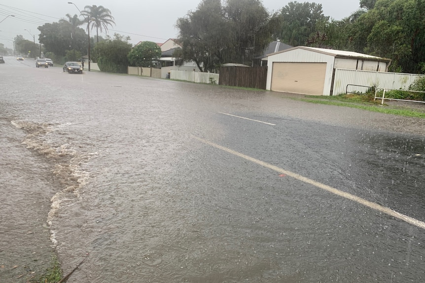 Cars try to drive across a flooded road near a creek.