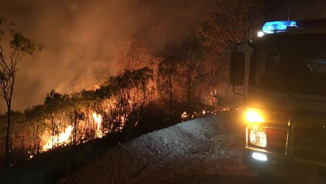 Trees on the side of the road burn. On the road is a fire truck.